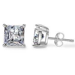 .925 Sterling Silver 4mm - 7mm Princess Cut CZ Stud Basket Set Rhodium Plated Earrings - Made in Italy (SKU: SS-ER1012)