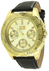 Mens 45mm Gold Plated Perpetual Calender Analog Black Leather Band Casual Watch w/ Buckle Watch + Cloth (SKU: WTC156)