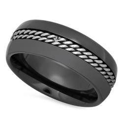 Black Ceramic 8mm Domed Comfort Fit Ring w/Stainless Steel Ropes Inlay + Microfiber