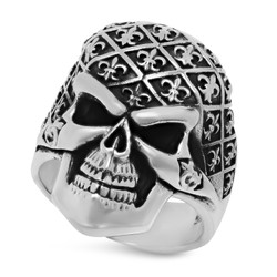 Oxidized 925 Sterling Silver Skull w/Fleur-De-Lis Pattern Ring + Jewelry Cloth & Pouch (SKU: SS-SKR111)