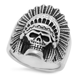 Oxidized 925 Sterling Silver Skull Chief In Headdress Ring + Jewelry Cloth & Pouch (SKU: SS-SKR110)