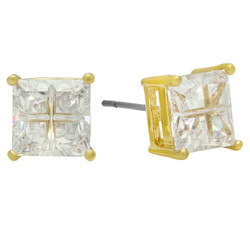 8mm Square CZ Gold Plated Stud Earrings w/Invisible Setting + Microfiber