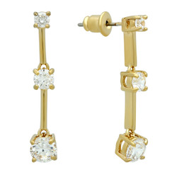14k Gold Plated Linear Dangle Earrings, 3 Round Cut Cubic Zirconia Stones in Prong Setting