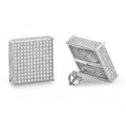 Large 15mm Rhodium Plated Sterling Silver Micropave CZ Square Earrings + Microfiber