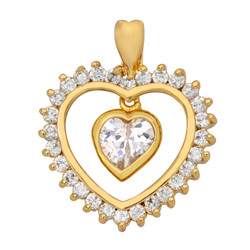 Gold Plated Heart Shaped CZ Halo Pendant w/Floating Heart CZ + Microfiber