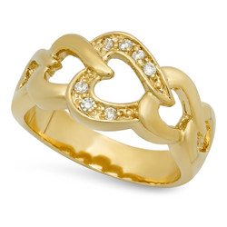10mm Gold Plated Interlocking Hearts Ring w/Round CZ Accents + Jewelry Polishing Cloth (SKU: GL-LR36)