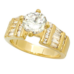 8mm Gold Plated Round CZ Solitaire Ring w/Baguette & Round CZs + Jewelry Polishing Cloth (SKU: GL-LR87)