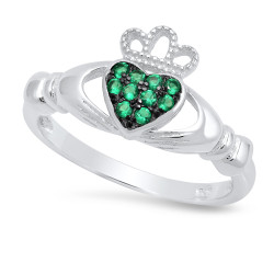 Sterling Silver Claddagh May Birthstone Emerald CZ Promise Ring Made in Italy + Cleaning Cloth