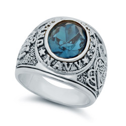 Rhodium Plated Oval-Cut Blue Cubic Zirconia US Navy Ring + Jewelry Polishing Cloth (SKU: RL-MN91A)