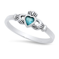 Sterling Silver Claddagh November Birthstone Blue Topaz CZ Promise Ring Made in Italy + Cloth