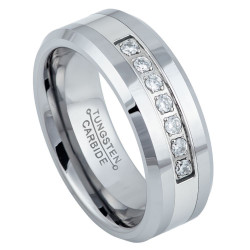 8mm High-Polished Tungsten Silver Cubic Zirconia Band Ring, Size 7,8,9,10,11,12,13,14,15 (US) (SKU: TG-RN1026)