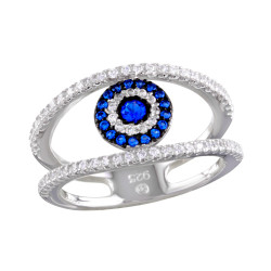 Polished Rhodium Plated Silver Blue Cubic Zirconia Evil Eye Ring