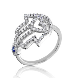Polished Rhodium Plated Silver Blue Cubic Zirconia Heart Ring