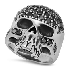Oxidized Silver Jawless Skull Ring w/Micropave Black CZ Accents + Jewelry Polishing Cloth (SKU: SS-SKR101)