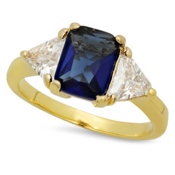 Gold Plated Emerald-Cut Dark Royal Blue CZ Three-Stone Ring + Jewelry Polishing Cloth (SKU: GL-BSR29)