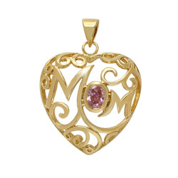 Gold Plated Open Scrolled Mom Heart Pendant w/Pink Oval CZ + Jewelry Polishing Cloth (SKU: GL-CZP20)