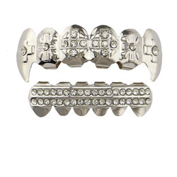 14k White Gold Plated Vampire Fang CZ Iced Out Removable Top & Bottom Teeth Grillz Set