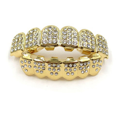 The Bling Factory 24k Gold Plated CZ Iced Out Removable Top & Bottom Teeth Grillz Set + Polishing Cloth (SKU: GDT1015)