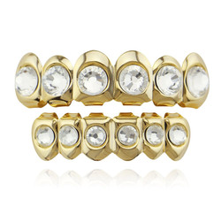24k Gold Plated Round CZ Diamonds Removable Top & Bottom Teeth Grillz Set