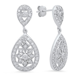 Sterling Silver 32mm x 13.5mm Intricate CZ Lined Teardrop Earrings Made in Italy + Bonus Polishing Cloth