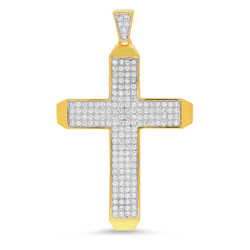 Men's Large Two-Tone 14k Gold Iced Out Micropave CZ Cross Pendant - 25.6mm x 36.4mm + Cleaning Cloth