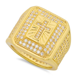Hip Hop 14k Gold Plated Iced Out Micropave CZ 21.5mm Cross Bling Ring + Microfiber