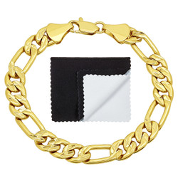 9mm Diamond-Cut 14k Yellow Gold Plated Flat Figaro Chain Bracelet + Gift Box