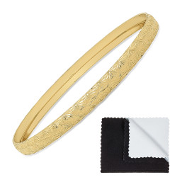 6mm Gold Plated Etched Starburst Pattern Bangle Bracelet + Microfiber Polishing Cloth