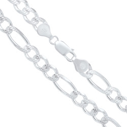 Men's 7mm .925 Sterling Silver Diamond-Cut Flat Figaro Chain Necklace + Gift Box