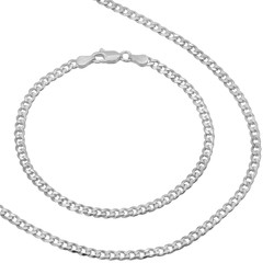 3.5mm Solid .925 Sterling Silver Flat Cuban Link Curb Chain Necklace + Bracelet Set (SKU: CHN214S)
