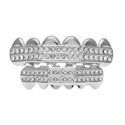 14k White Gold Plated CZ Iced Out Removable Top & Bottom Teeth Grillz Set + Polishing Cloth