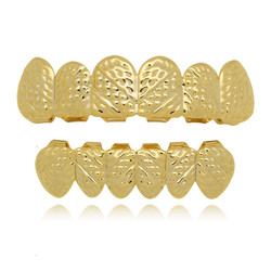 The Bling Factory 24k Gold Plated Oblique Texture Removable Top & Bottom Teeth Grillz Set (SKU: GDT1008)