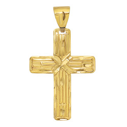 Large 32mm x 45mm 14k Gold Plated Striated Textured Cross Pendant, + Microfiber