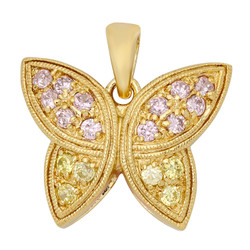 Gold Plated Butterfly Pendant Accented w/Pink & Yellow CZs + Microfiber