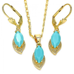 Gold Plated Aqua Blue CZ Leaf Dangling Drop Mariner Link Pendant Necklace Lever Back Earring Set (SKU: SET-1016D)