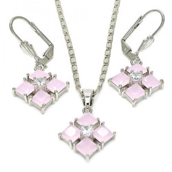 Rhodium Plated Pink CZ Diamond Dangling Drop Mariner Link Pendant Necklace Lever Back Earring Set (SKU: SET-1019C)