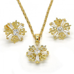 Gold Plated Clear CZ Fleur-De-Lis Saint Lily Mariner Link Pendant Necklace Stud Earring Set