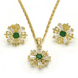 Gold Plated Green CZ Fleur-De-Lis Saint Lily Mariner Link Pendant Necklace Stud Earring Set