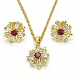 Gold Plated Garnet CZ Fleur-De-Lis Saint Lily Mariner Link Pendant Necklace Stud Earring Set (SKU: SET-1020C)