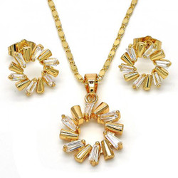 Gold Plated Clear Cubic Zirconia Round Mariner Link Pendant Necklace Stud Earring Set
