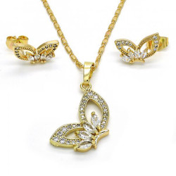 Gold Plated Clear Cubic Zirconia Butterfly Mariner Link Pendant Necklace Stud Earring Set