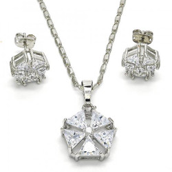 Rhodium Plated Clear Cubic Zirconia Flower Mariner Link Pendant Necklace Stud Earring Set