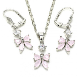 Rhodium Plated Pink CZ Butterfly Dangling Drop Mariner Link Pendant Necklace Lever Back Earring Set (SKU: SET-1017E)