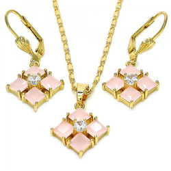 Gold Plated Pink CZ Diamond Dangling Drop Mariner Link Pendant Necklace Lever Back Earring Set (SKU: SET-1019A)