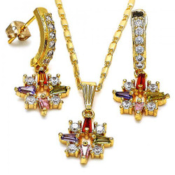 Gold Plated Multicolor Cubic Zirconia Fancy Dangling Drop Mariner Link Pendant Necklace Earring Set