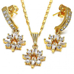 Gold Plated Clear Cubic Zirconia Fancy Dangling Drop Mariner Link Pendant Necklace Earring Set (SKU: SET-1014A)