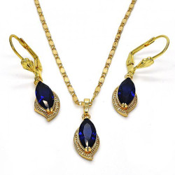 Gold Plated Blue Sapphire CZ Leaf Dangling Drop Mariner Link Pendant Necklace Lever Back Earring Set (SKU: SET-1016B)