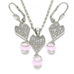 Rhodium Plated Pink CZ Heart Tear Drop Dangling Mariner Link Pendant Necklace Lever Back Earring Set (SKU: SET-1012E)