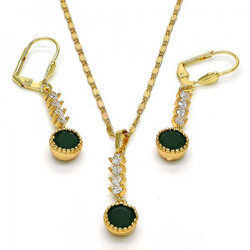 Gold Plated Green CZ Round Dangling Drop Mariner Link Pendant Necklace Lever Back Earring Set (SKU: SET-1002B)