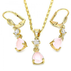Gold Plated Pink CZ Tear Drop Dangling Mariner Link Pendant Necklace Lever Back Earring Set (SKU: SET-1001B)